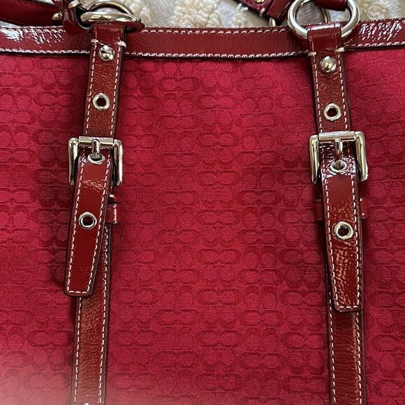 Coach Galaxy Tote Signature Canvas Red Silver Hardware Bag Purse - Picture 7 of 15